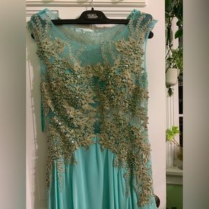 Elegant Illusion Neckline Gold Lace Overlay Prom Dress size small